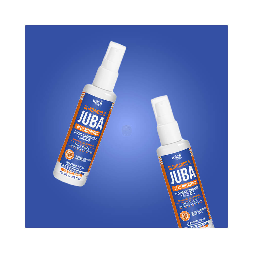 Dois frascos do Óleo Capilar Widi Care Blindando a Juba Nutritivo 60ml flutuando em fundo azul
