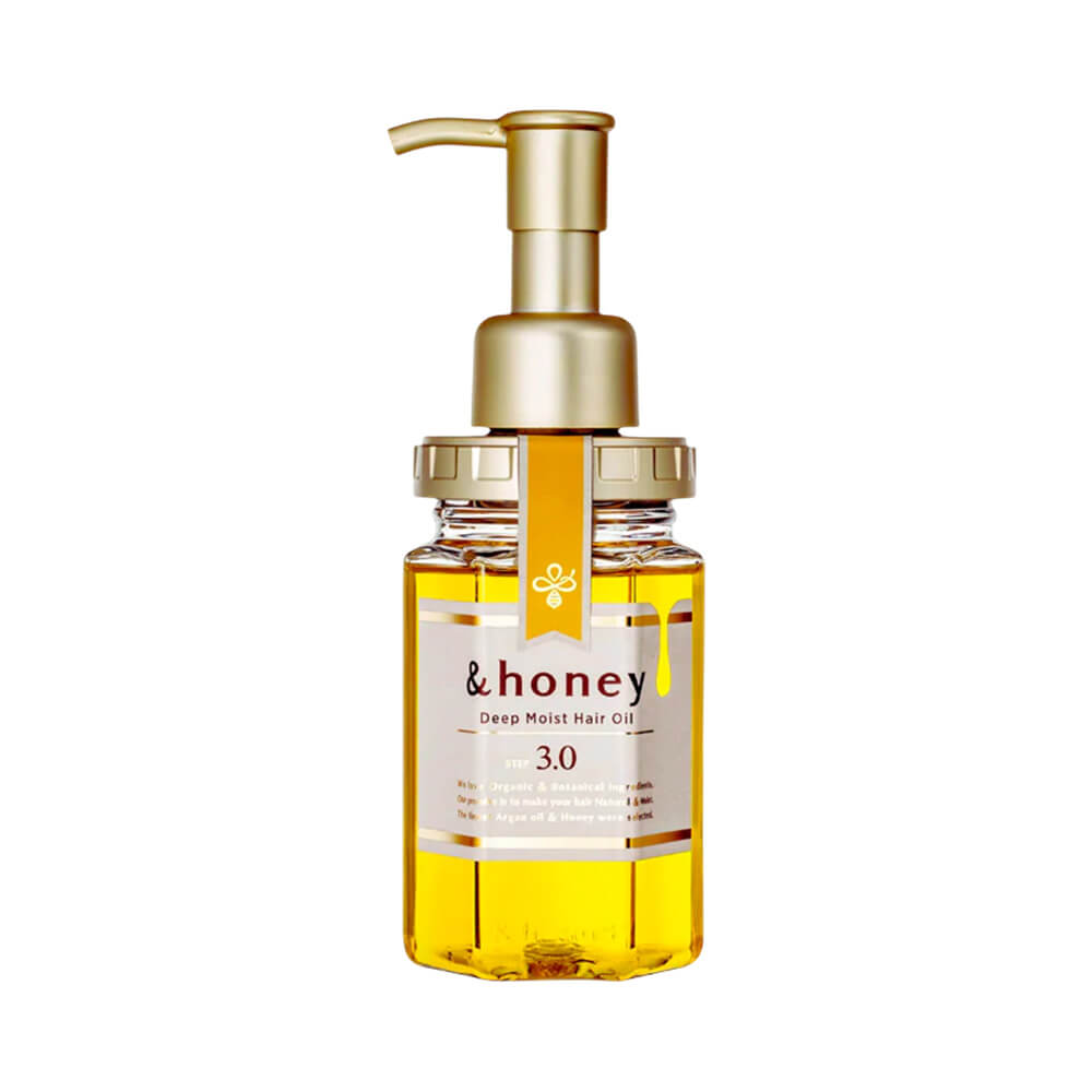 Frasco transparente com sérum capilar &Honey Deep Moist Hair Oil 3.0, contendo 100ml, com líquido amarelo dourado.