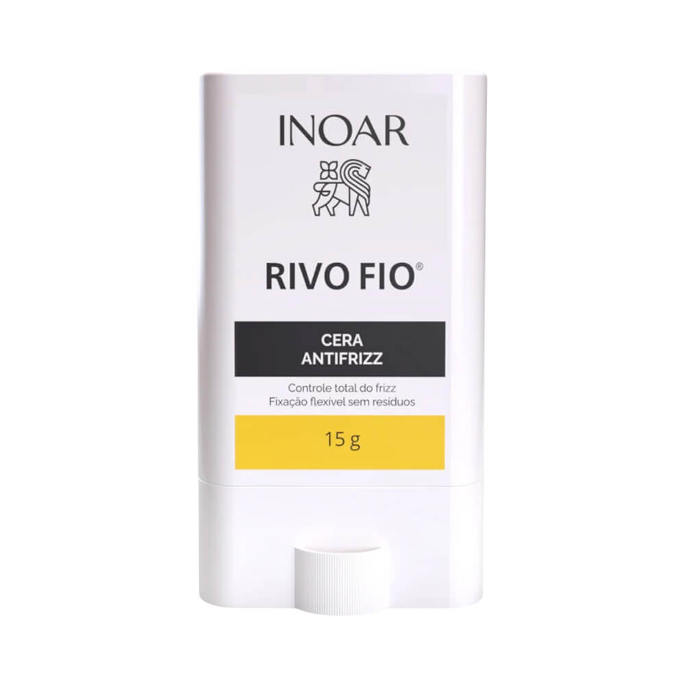 Cera Finalizadora Inoar Rivo Fio Antifrizz 15g em embalagem stick branca com detalhes pretos e amarelos