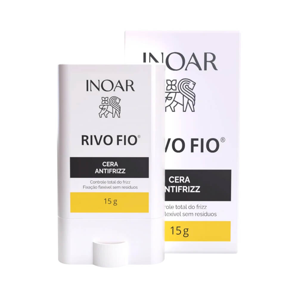 Cera Finalizadora Inoar Rivo Fio Antifrizz 15g ao lado da embalagem caixa branca