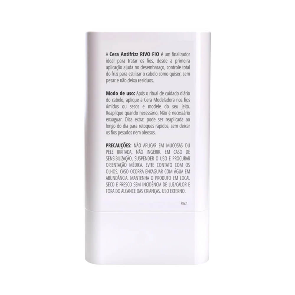 Parte traseira da embalagem da Cera Finalizadora Inoar Rivo Fio Antifrizz 15g com instruções
