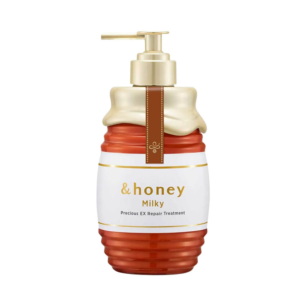 Frasco do Tratamento Capilar & Honey Milky Precious EX Repair 500ml com embalagem laranja e detalhes dourados