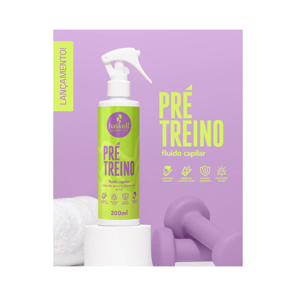 Fluido Capilar Haskell Pré Treino 200ml em fundo lilás com acessórios fitness