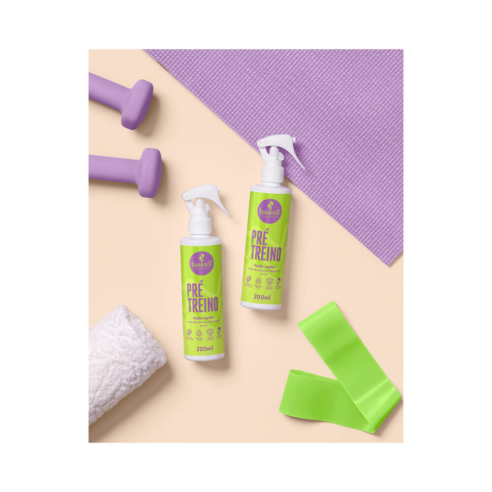 Dois frascos do Fluido Capilar Haskell Pré Treino 200ml com acessórios fitness