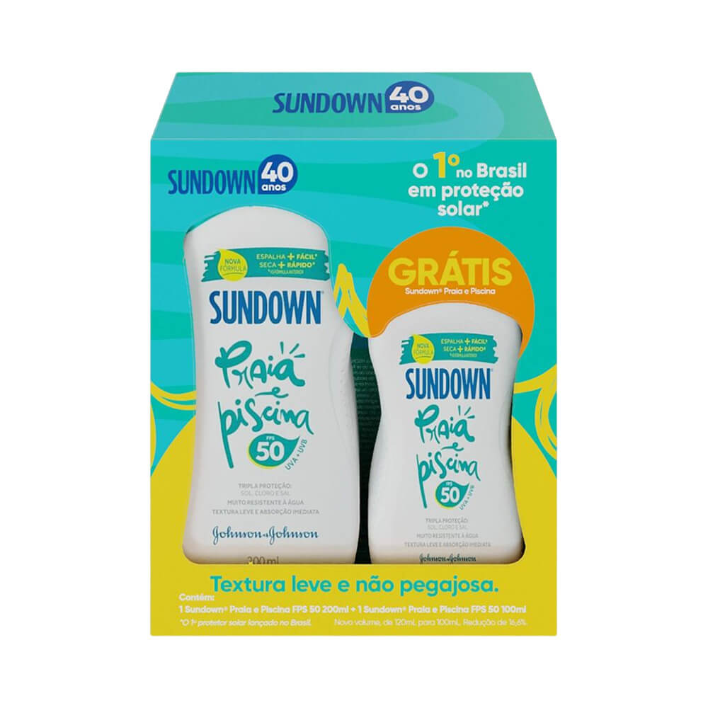 Kit Sundown Protetor Solar FPS 50 com dois frascos, embalagem azul e amarela