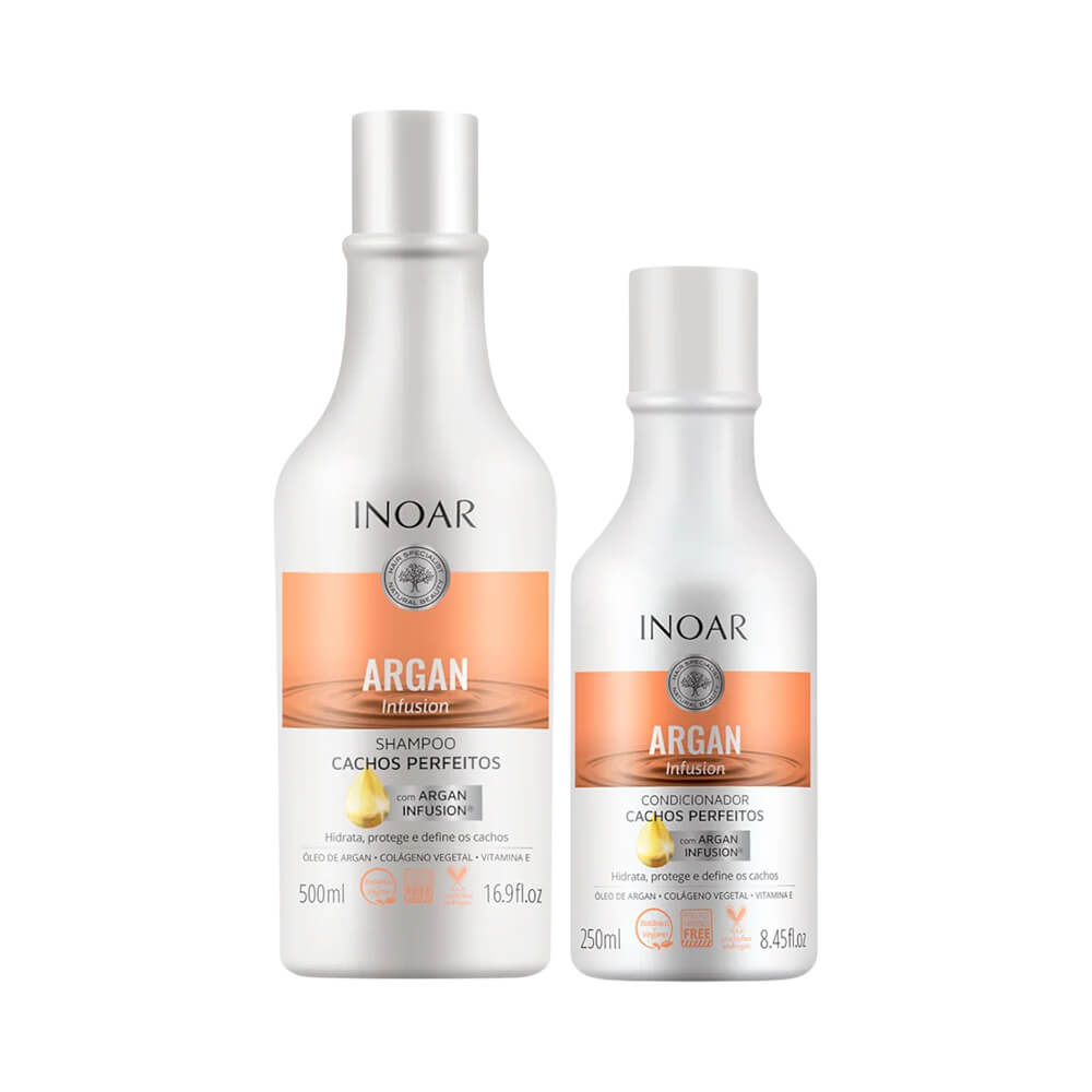 Frascos do Kit Inoar Argan Infusion com rótulo laranja e prata