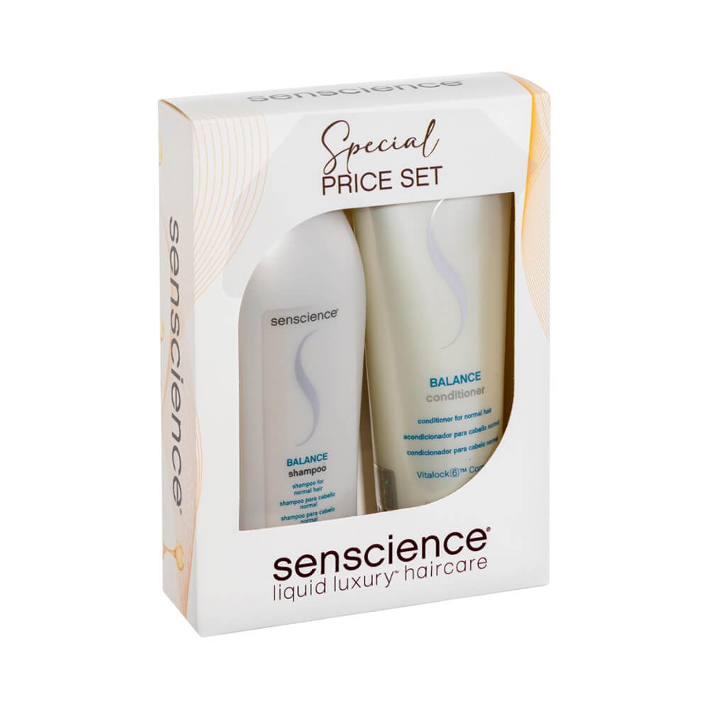 Kit Senscience Shampoo 280ml e Condicionador 240ml Balance em embalagem branca com janela transparente