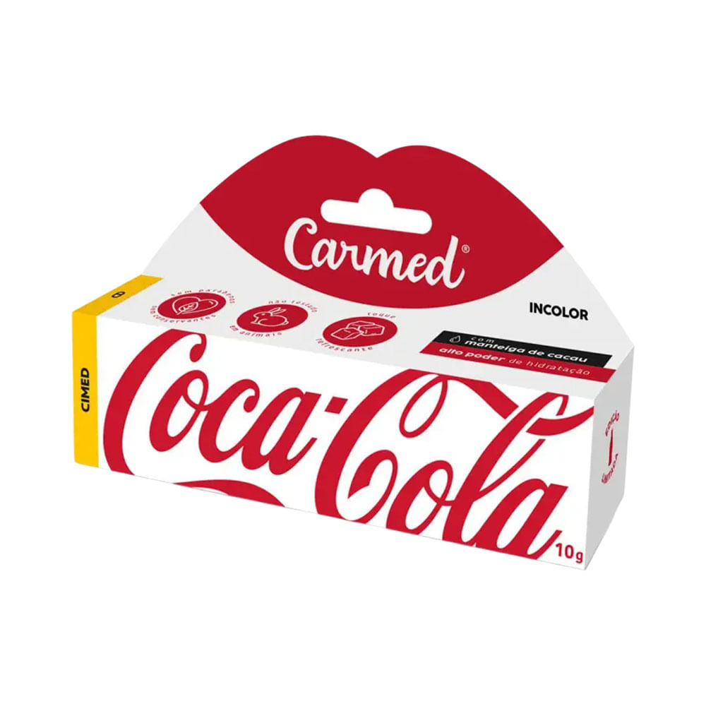 Embalagem do Hidratante Labial Carmed Coca-Cola Incolor com fundo branco e marcas Carmed e Coca-Cola