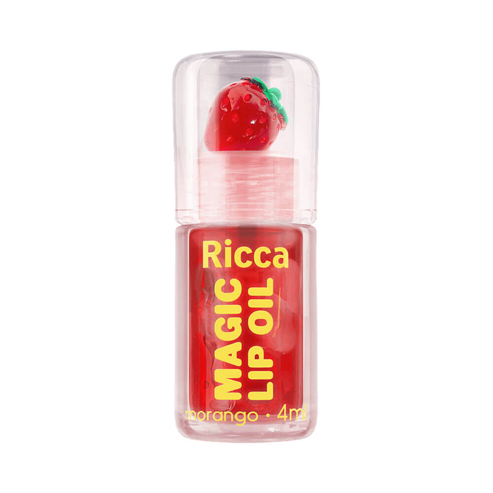 Lip Oil Ricca Magic Morango em embalagem transparente com tampa e detalhe decorativo de morango