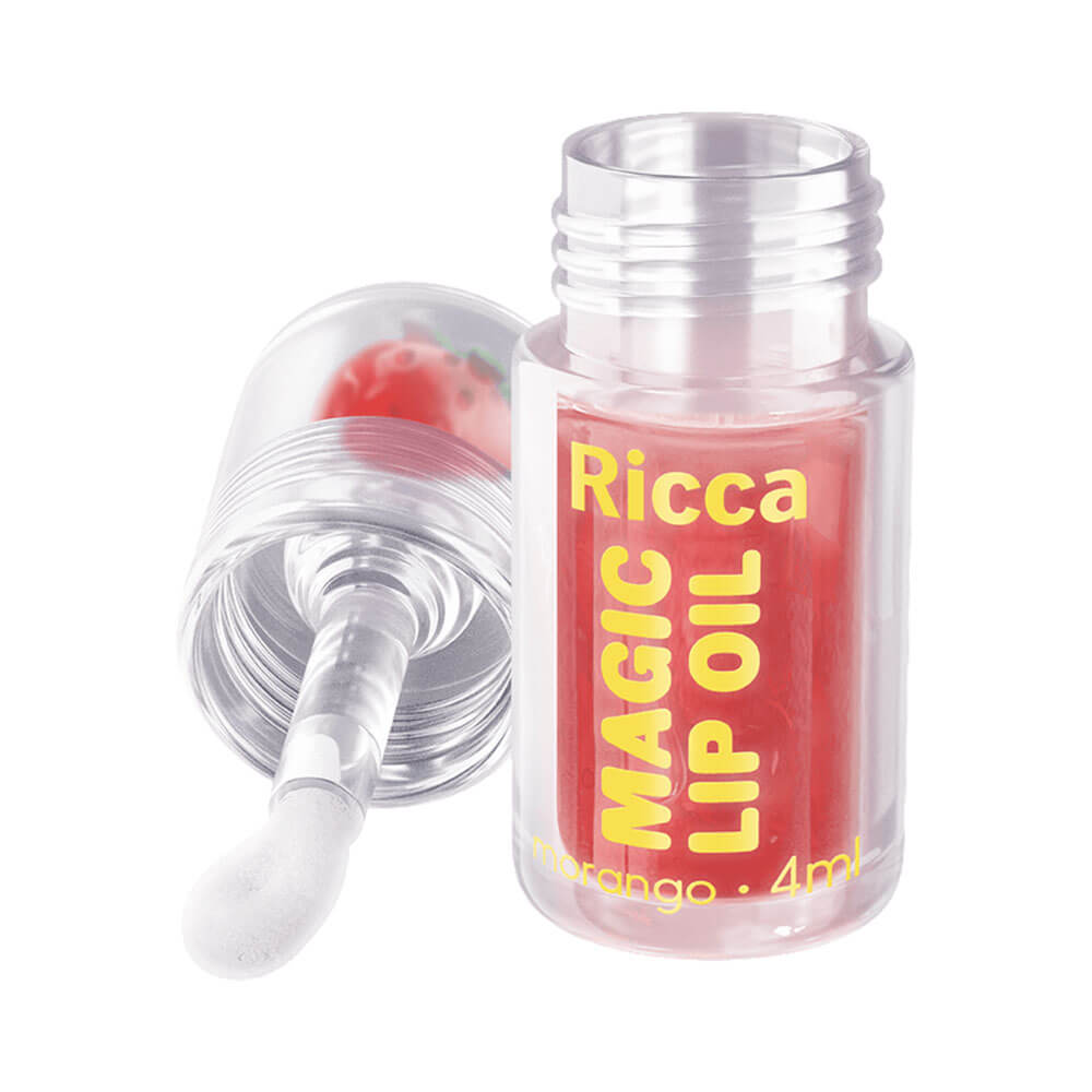 Lip Oil Ricca Magic Morango com aplicador de esponja branco e tampa removida