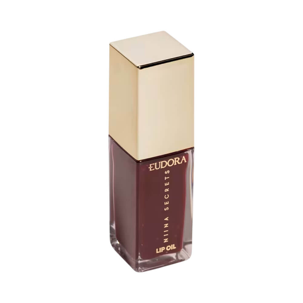 Frasco de vidro do Lip Oil Niina Secrets Shine Flowers Rosa Eterna com tampa dourada e textura brilhante.