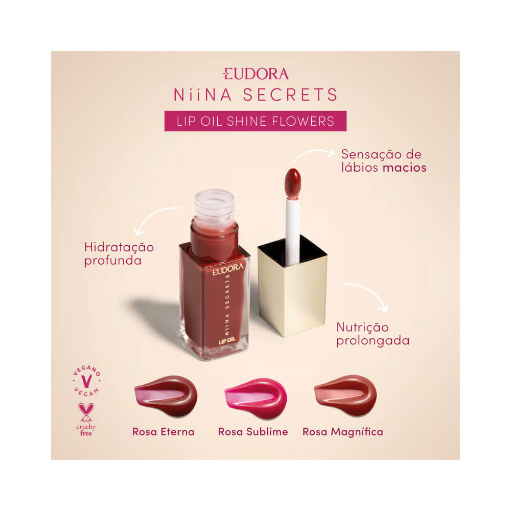 Frasco do Lip Oil Niina Secrets Shine Flowers Rosa Magnífica com fundo rosa claro e informações do produto