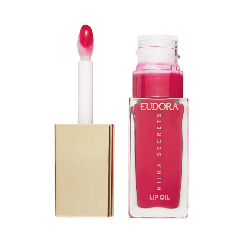 Óleo labial Niina Secrets Shine Flowers Rosa Sublime com aplicador e frasco transparente com tampa dourada em fundo branco