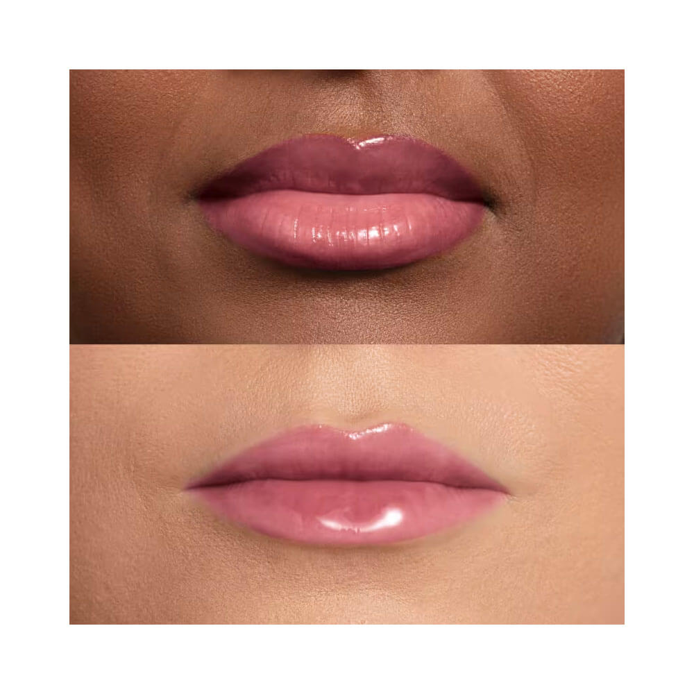 Efeito do óleo labial Niina Secrets Shine Flowers Rosa Sublime nos lábios com brilho e hidratação