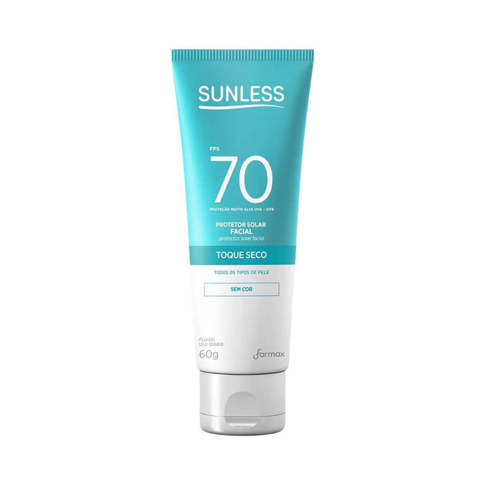 Protetor Solar Facial Sunless FPS 70 Farmax 60g embalagem tubo azul turquesa e branco