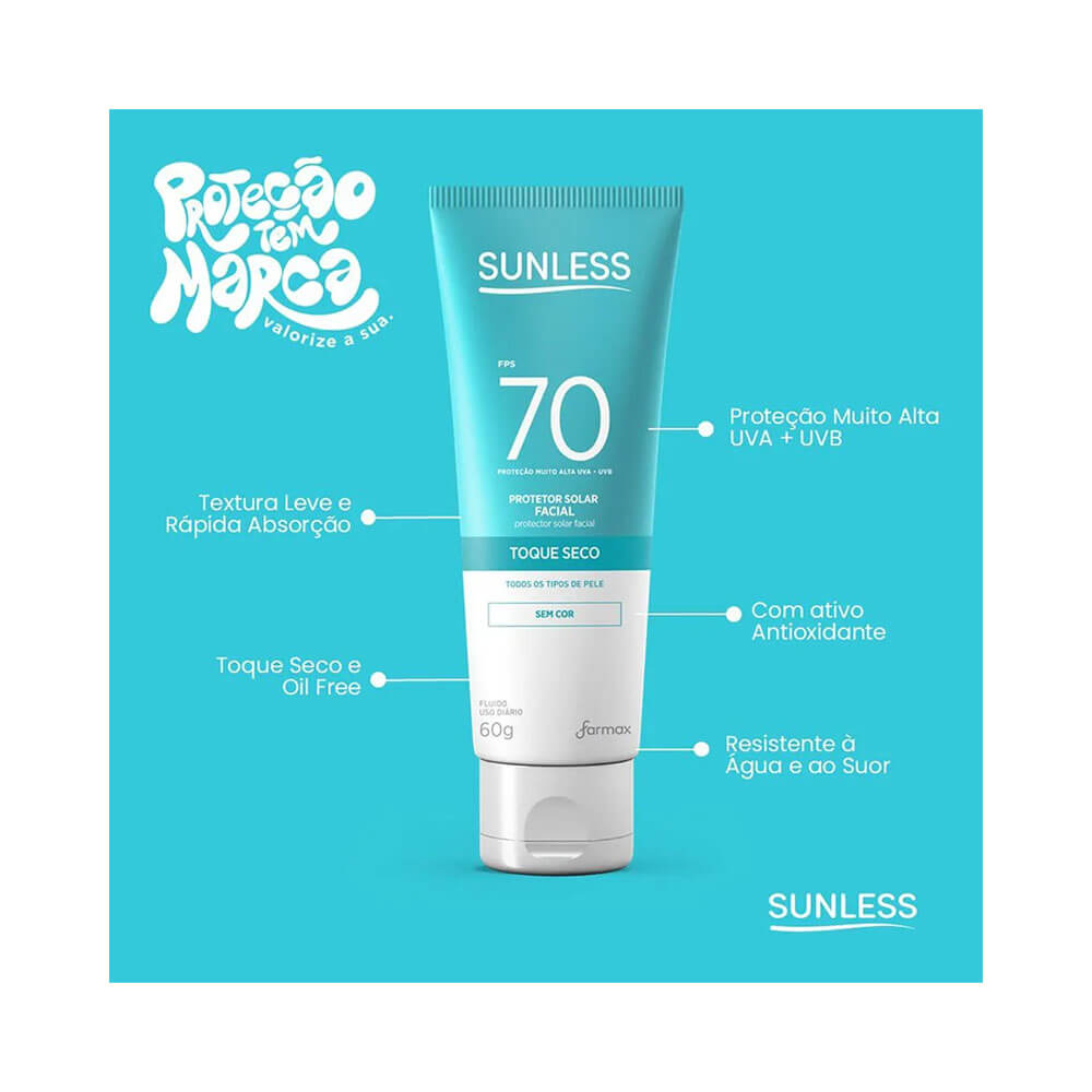 Protetor Solar Facial Sunless FPS 70 Farmax tubo azul turquesa com destaque para atributos