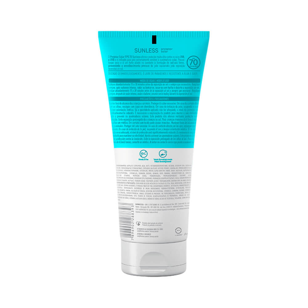 Imagem traseira do Protetor Solar Sunless FPS 70 200g mostrando instruções e composição