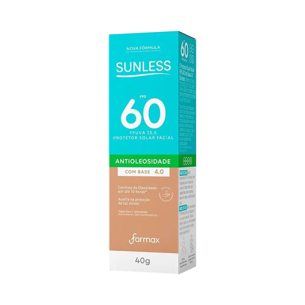 Embalagem externa do protetor solar facial Sunless FPS 60, cor 4.0, 40g