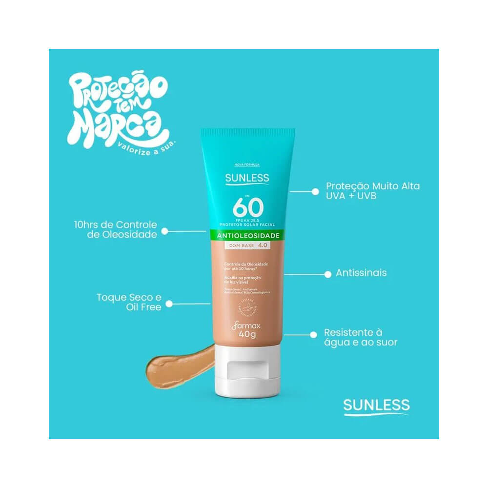 Protetor solar facial Sunless FPS 60 com destaque para benefícios e controle de oleosidade