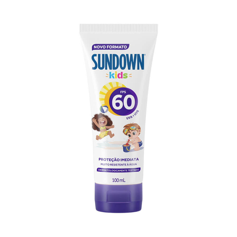 Protetor solar infantil Sundown Kids FPS 60 em embalagem tubo branco com tampa roxa