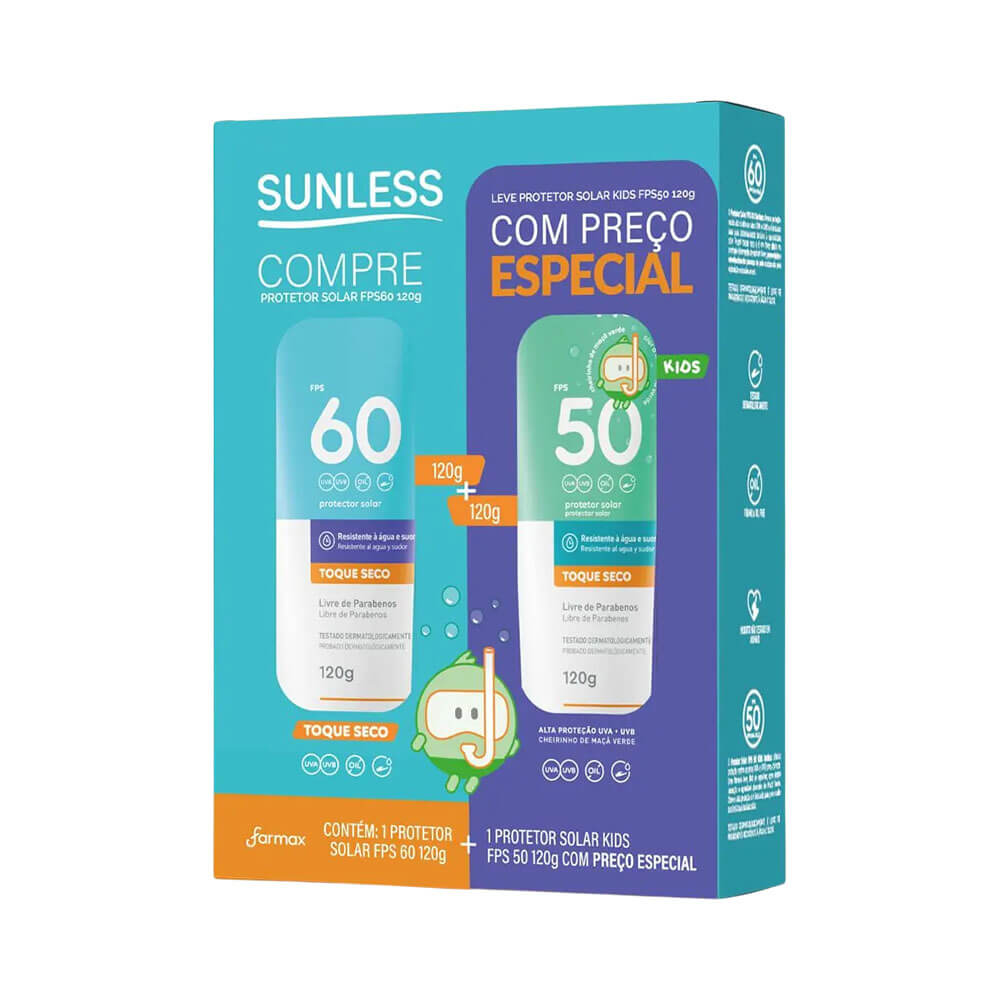 Kit de protetores solares Sunless com FPS 60 para adultos e FPS 50 para crianças