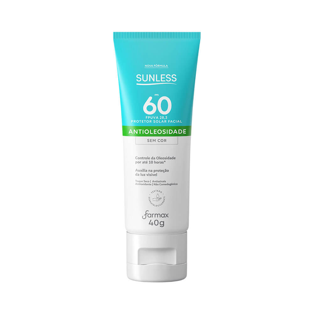 Protetor solar facial Sunless FPS 60, embalagem em tubo plástico de 40g com controle de oleosidade e efeito matte