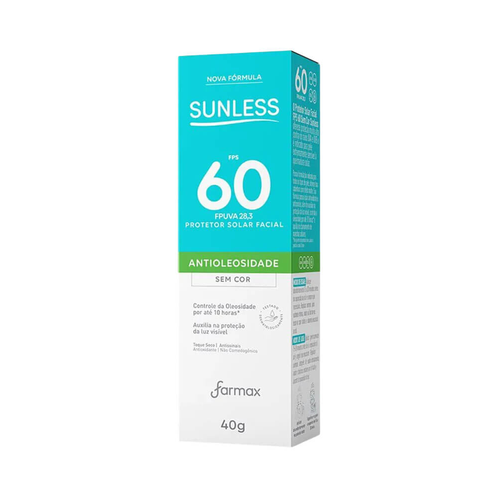 Embalagem externa do protetor solar facial Sunless FPS 60, caixa retangular azul claro com informações de proteção e antioleosidade