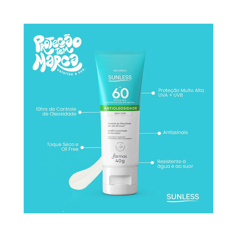 Imagem promocional do protetor solar facial Sunless FPS 60 destacando proteção, controle de oleosidade e toque seco