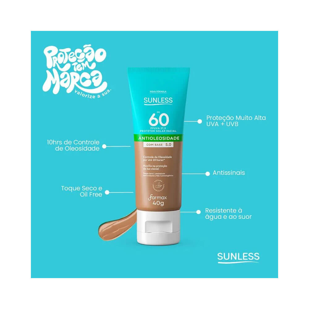 Protetor Solar Facial Sunless FPS 60 Cor 5.0 40g com destaque para proteção e controle de oleosidade