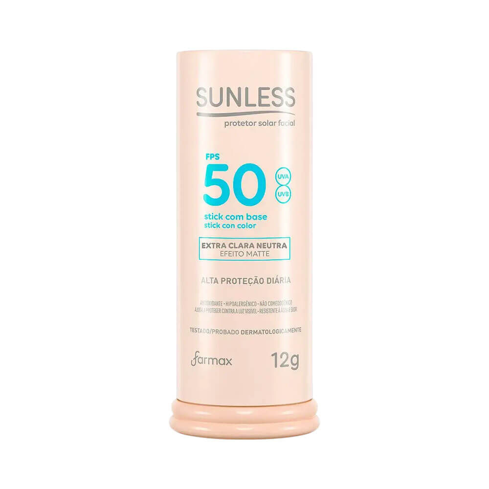 Protetor facial em stick Sunless FPS 50 com base extra clara neutra, embalagem bege claro com texto azul e cinza