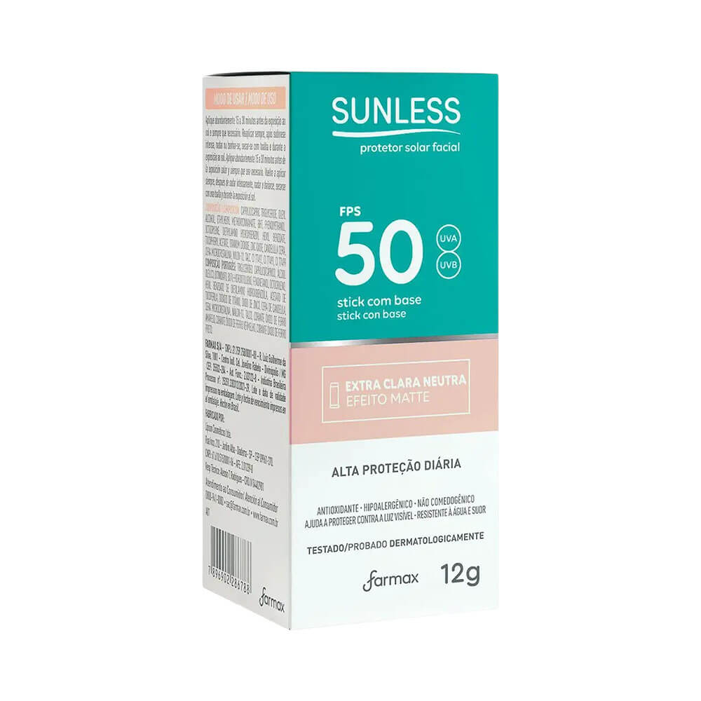 Embalagem do protetor solar facial Sunless FPS 50 stick base extra clara neutra 12g