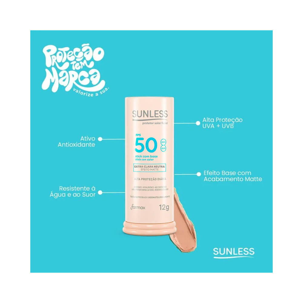 Protetor solar facial stick Sunless FPS 50 com base extra clara neutra, fundo azul, destaque para proteção e acabamento matte