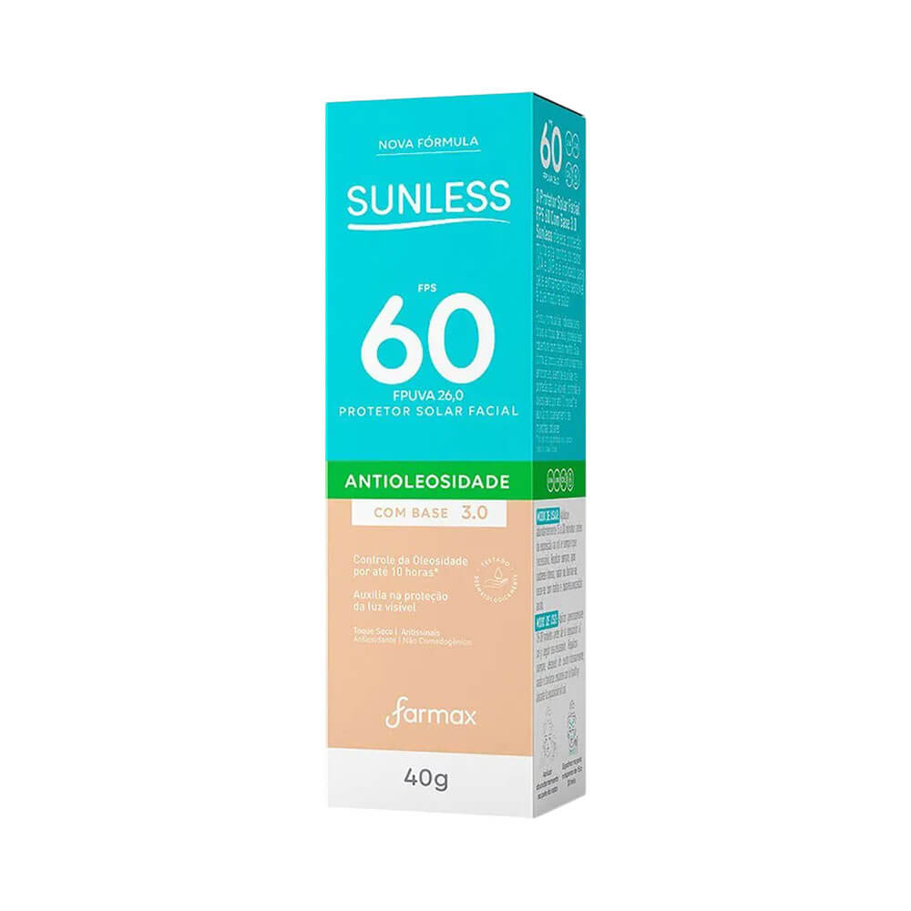 Embalagem externa do Protetor Solar Facial Sunless FPS 60 Cor 3.0 40g com design azul turquesa e bege