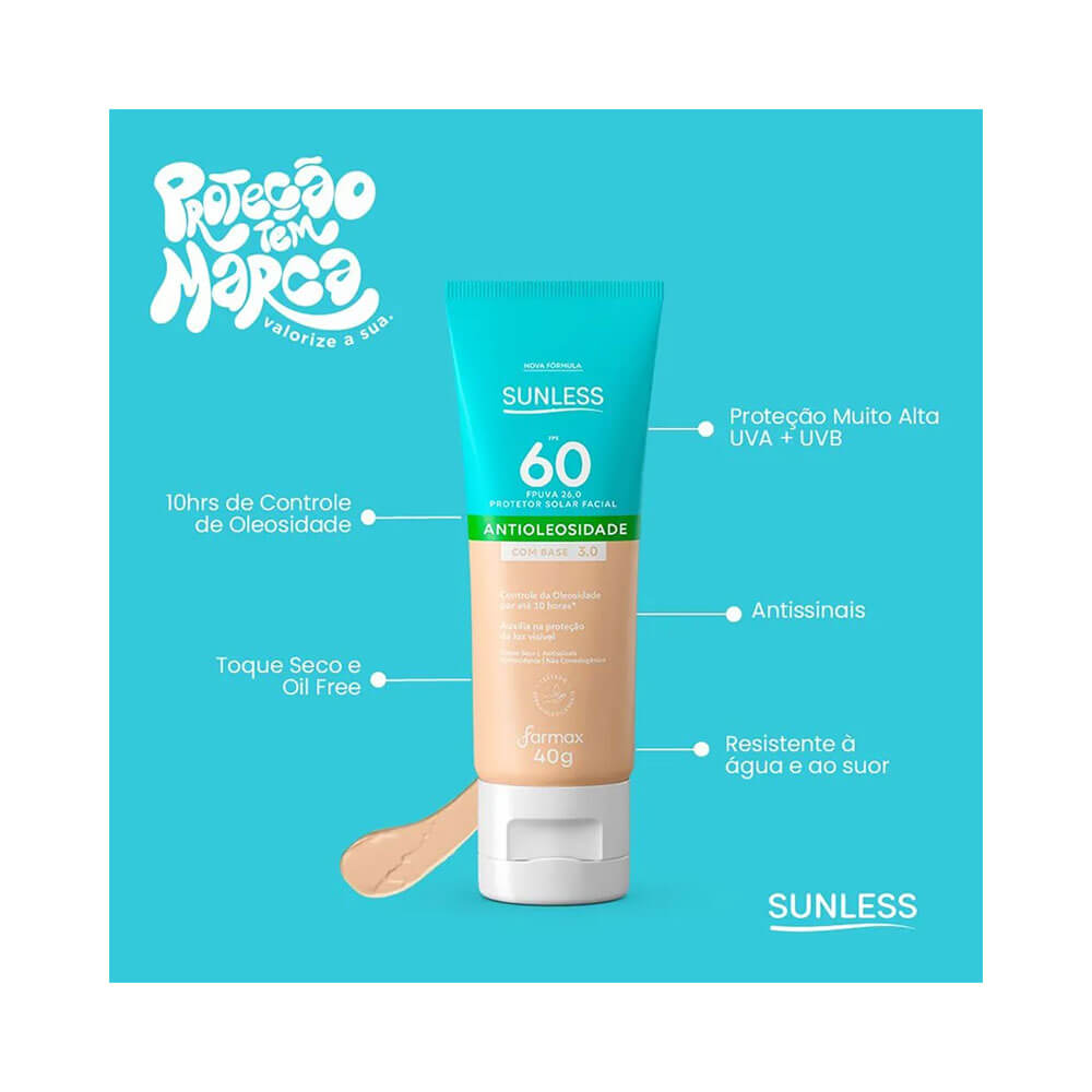 Protetor Solar Facial Sunless FPS 60 cor 3.0 com destaque para proteção, controle de oleosidade e toque seco