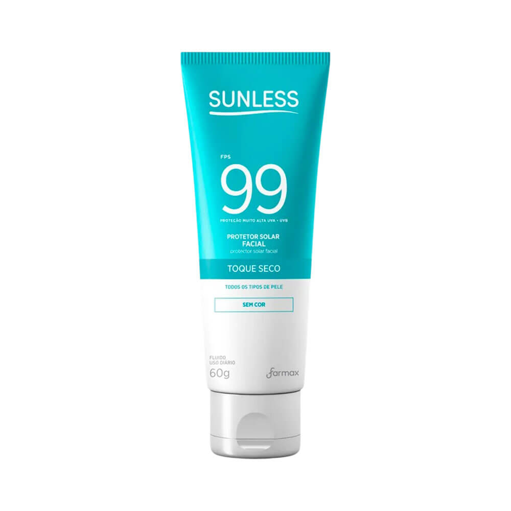 Protetor Solar Facial Sunless FPS 99 embalagem bisnaga azul turquesa e branca