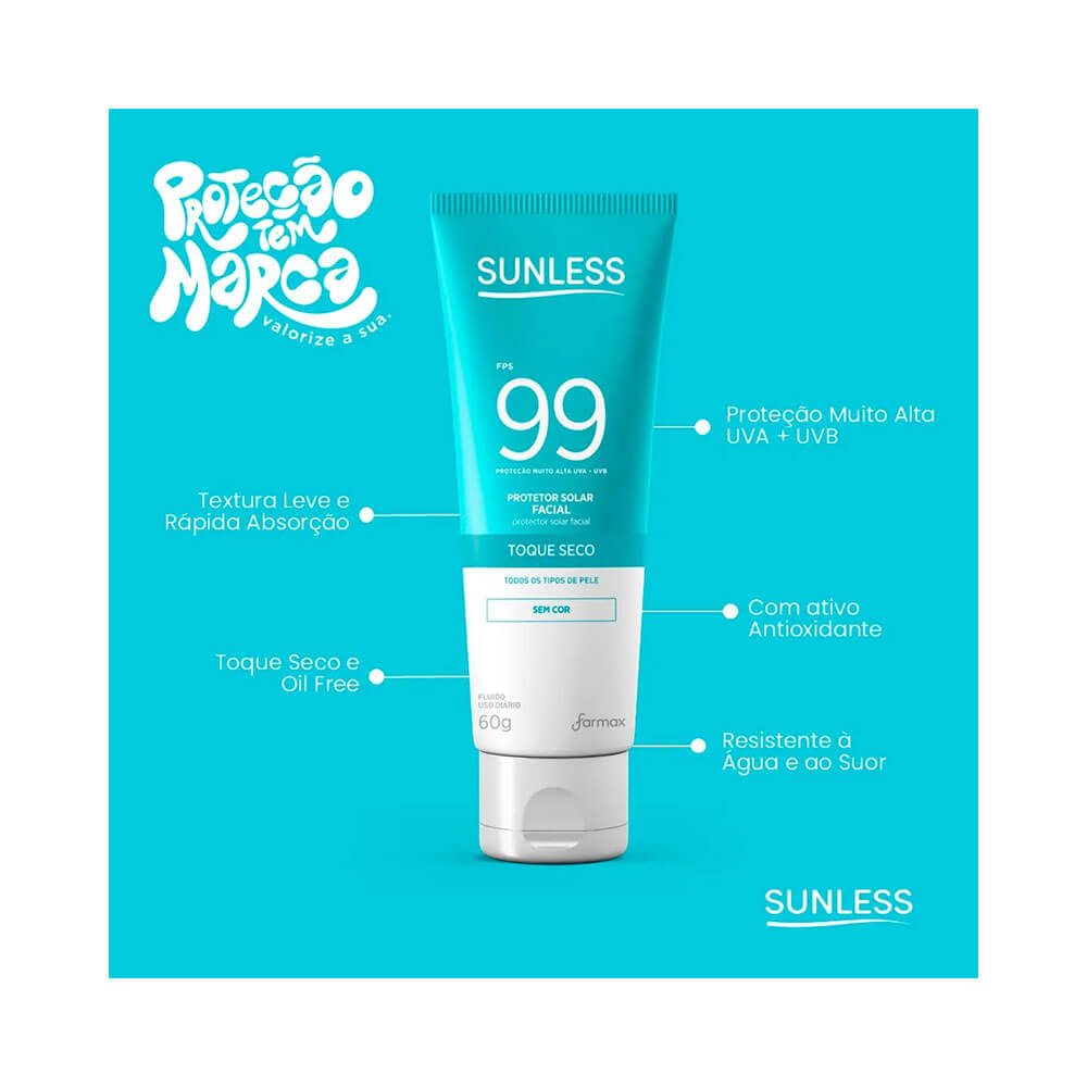 Protetor Solar Facial Sunless FPS 99 com destaque para proteção e textura