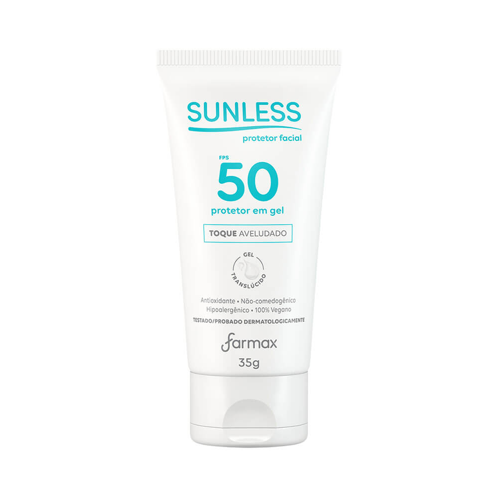Protetor Solar Facial Sunless Gel FPS 50 Translúcido 35g em bisnaga branca com tampa branca