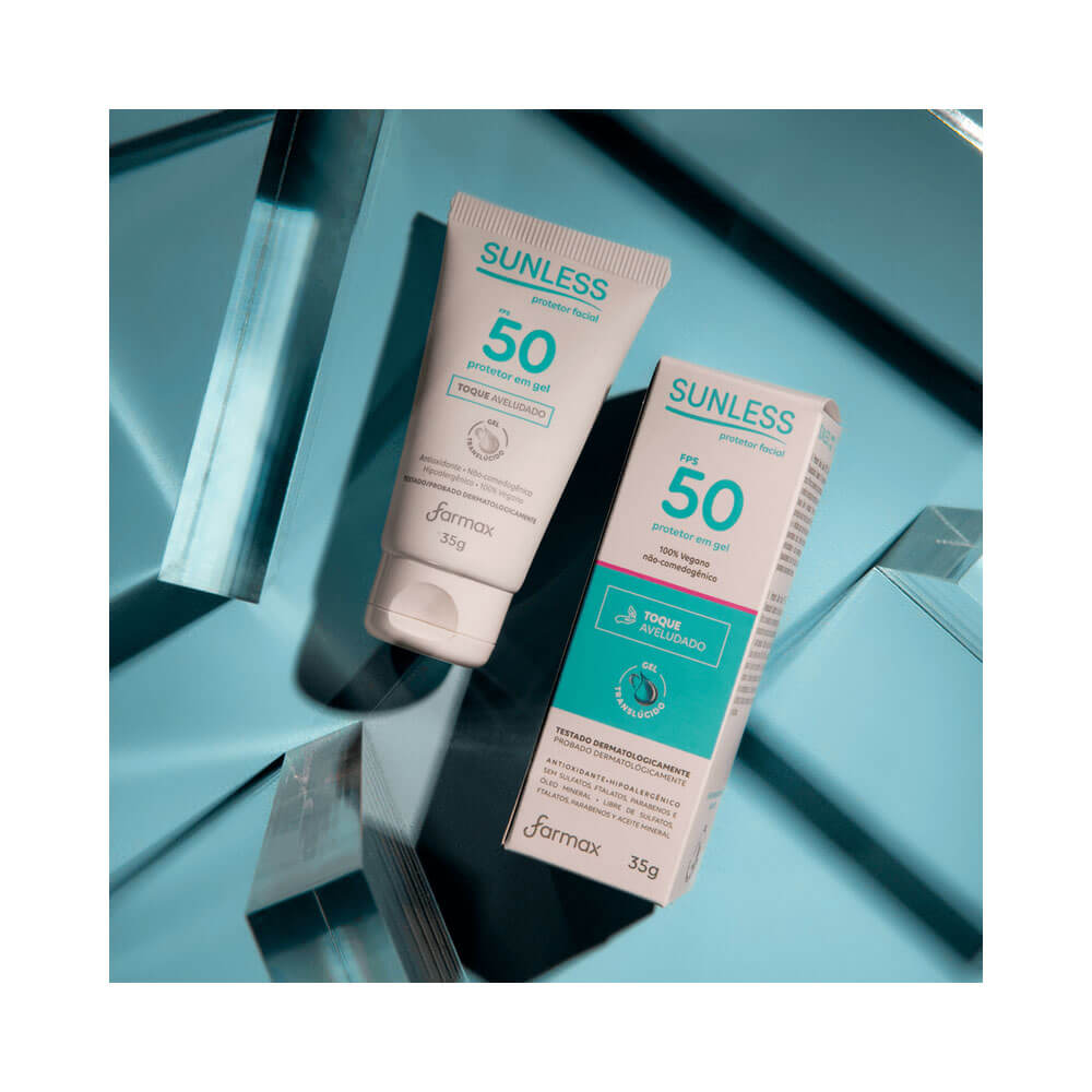 Protetor Solar Facial Sunless Gel FPS 50 com embalagem e caixa ao lado