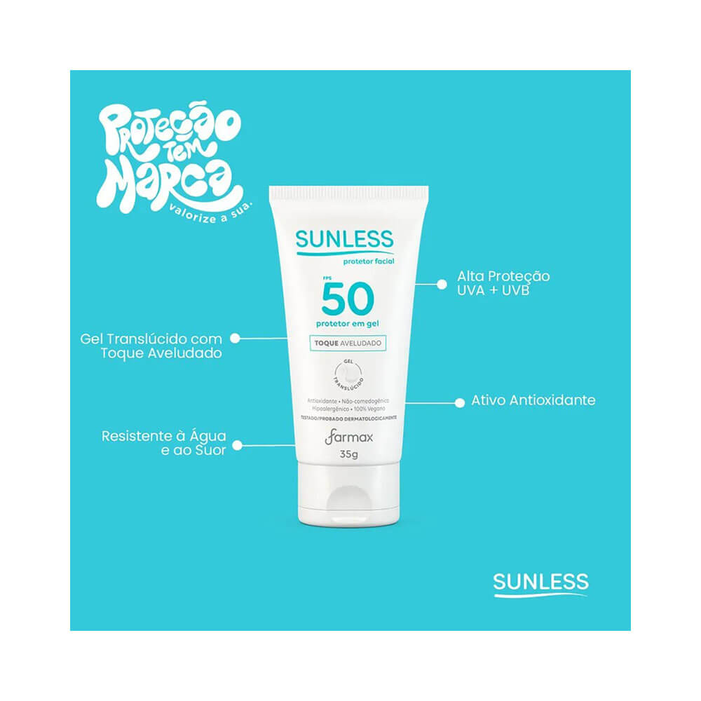 Protetor Solar Facial Sunless Gel FPS 50 com destaque para resistência à água e suor