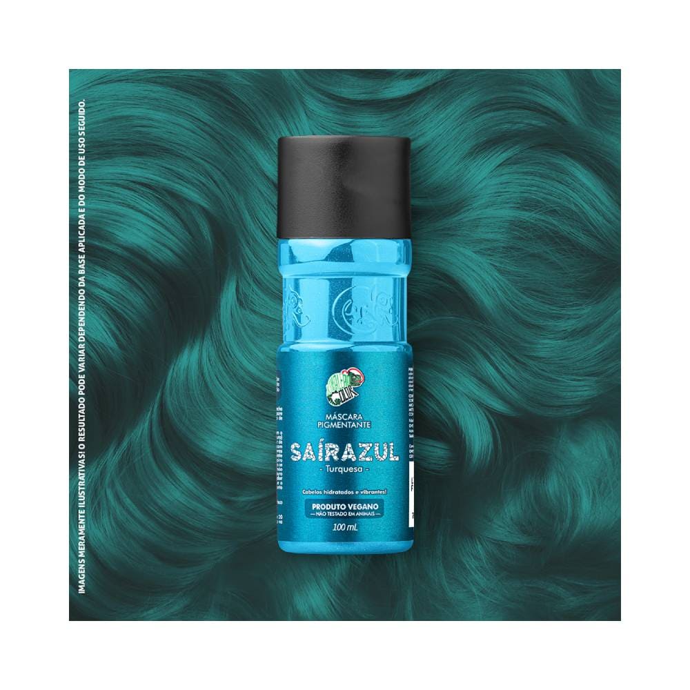 Frasco da Máscara Pigmentante Kamaleão Color Sairazul 100ml sobre fundo com cabelo ondulado turquesa