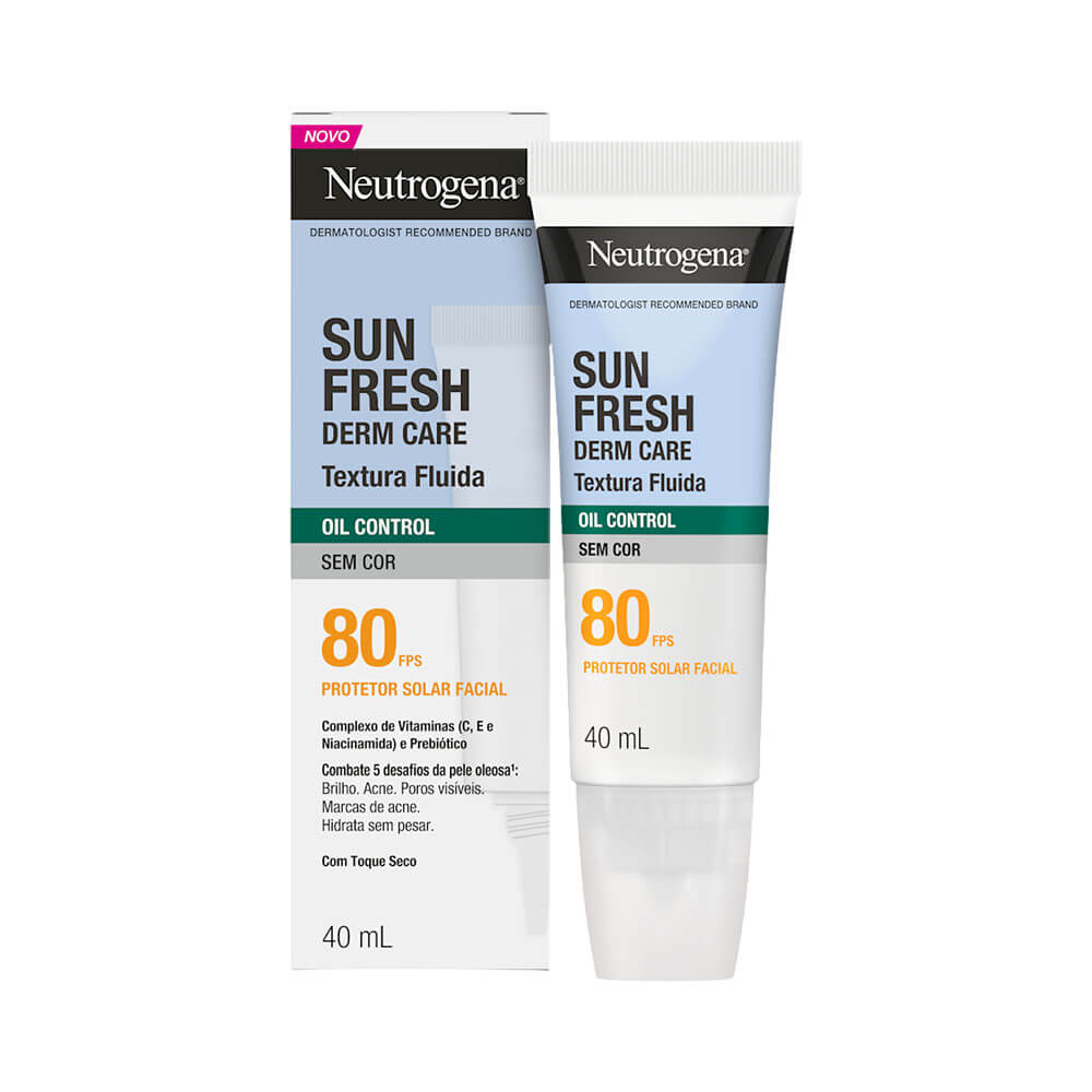 Produto e embalagem do Protetor Solar Facial Neutrogena Sun Fresh FPS 80 lado a lado