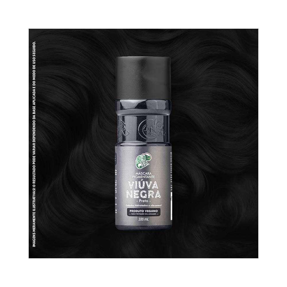 Máscara Pigmentante Kamaleão Color Viúva Negra 100ml destacada sobre fundo de cabelos pretos ondulados