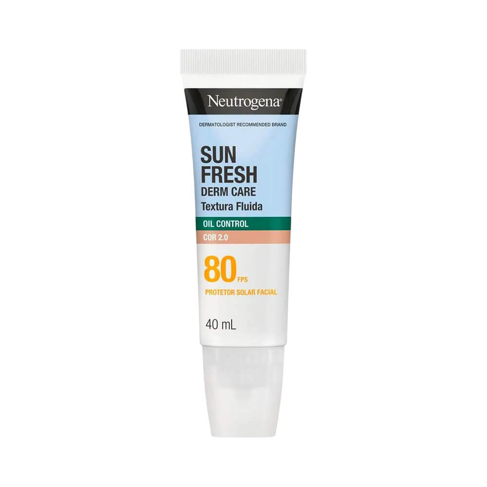 Tubo do protetor solar facial Neutrogena Sun Fresh Oil Control FPS 80 Cor 2.0 40ml em fundo branco