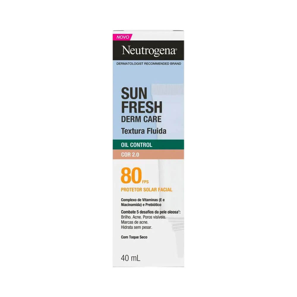 Caixa do protetor solar facial Neutrogena Sun Fresh Oil Control FPS 80 Cor 2.0 40ml em fundo branco