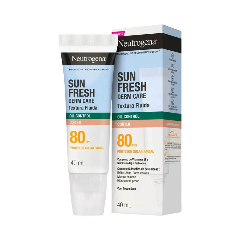 Tubo e caixa do protetor solar facial Neutrogena Sun Fresh Oil Control FPS 80 Cor 2.0 40ml lado a lado