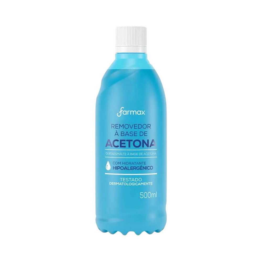 Removedor de Esmalte Farmax com Acetona 500ml em embalagem azul clara translúcida com tampa branca