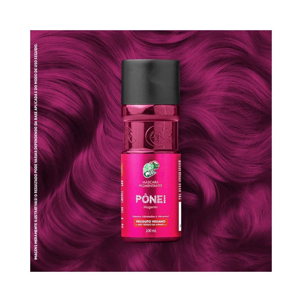 Frasco da Máscara Pigmentante Kamaleão Color Pônei 100ml na cor Magenta sobre fundo com mechas de cabelo na mesma tonalidade