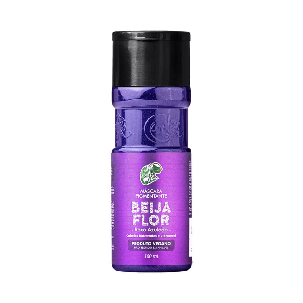 Frasco pequeno de 100ml da Máscara Pigmentante Kamaleão Color Beija Flor, embalagem roxo metálico com tampa preta