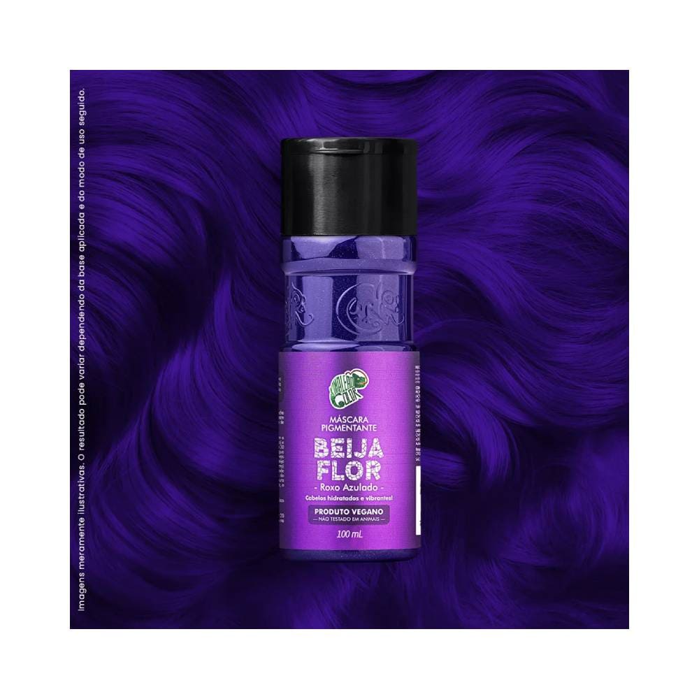 Frasco da Máscara Pigmentante Kamaleão Color Beija Flor com fundo de mechas roxas vibrantes