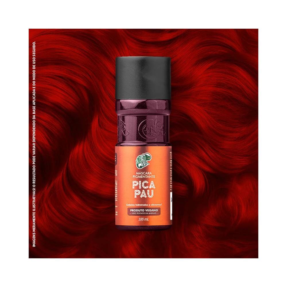 Máscara Kamaleão Color Pica Pau 100ml com fundo de cabelo vermelho vibrante ondulado